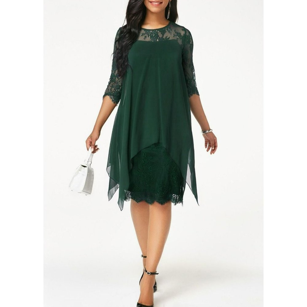 Lace chiffon Overlay Green Party Cocktail Dinner Dress Size Large